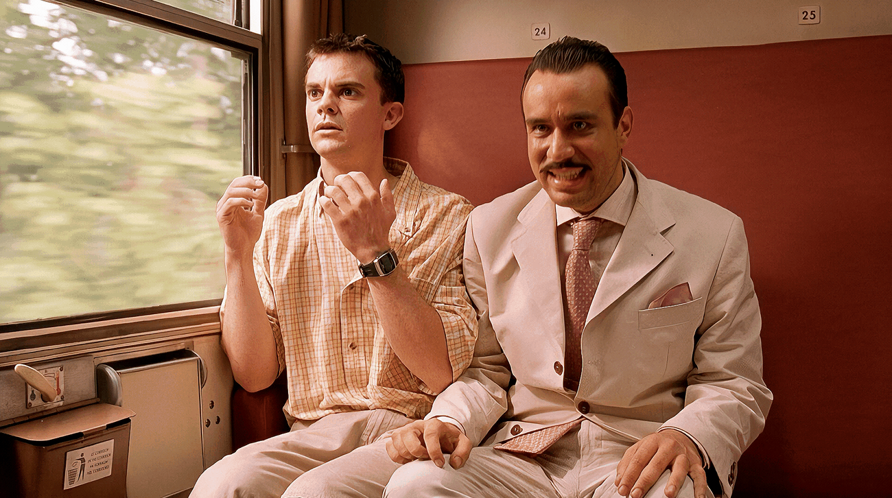 A composite image shows two men on a train, one waving goodbye while the other smiles. The scene cuts to a dark tunnel with…