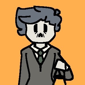 A cartoon man with gray hair and a mustache, wearing a gray suit and tie, holds a white paper in his left hand. He has a…