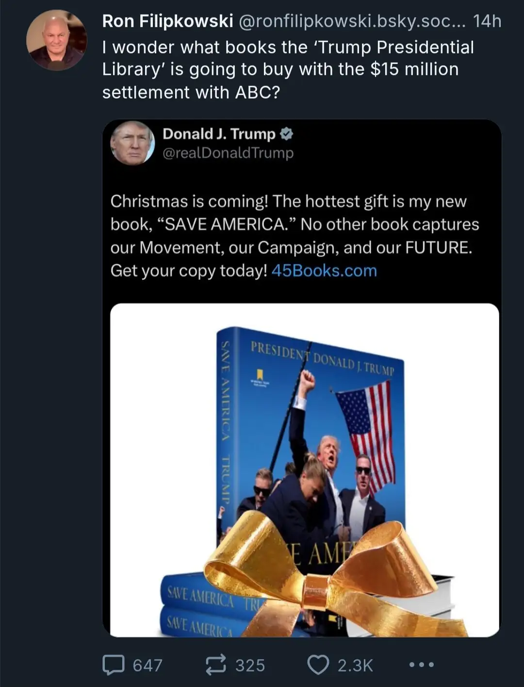 A screenshot of a tweet from Donald J. Trump promoting his book 'SAVE AMERICA,' which is shown as a gift with a large gold…