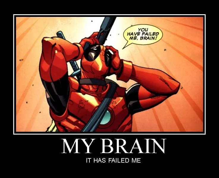 A comic book panel shows the character Deadpool in his red and black suit, holding his head with both hands in frustration…