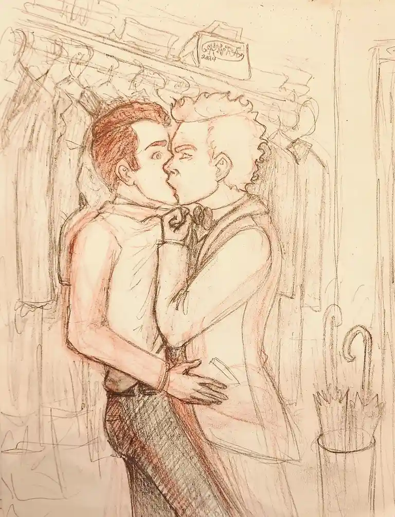 A sketch depicts two men in vintage-style clothing kissing passionately in what appears to be a closet or dressing room…