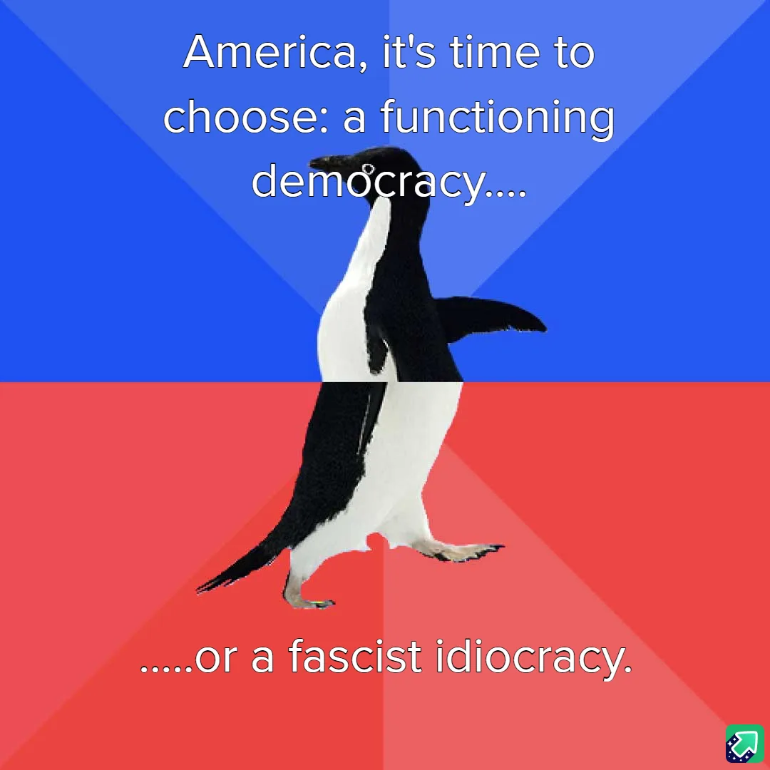 A penguin is split vertically down the middle, with the top half against a blue background and the bottom half against a red…