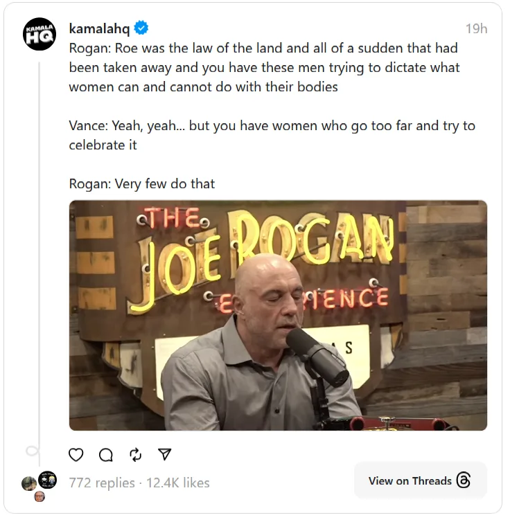 A screenshot of a Twitter/X post by 'kamalahq' showing a clip from 'The Joe Rogan Experience' podcast. Joe Rogan is visible…