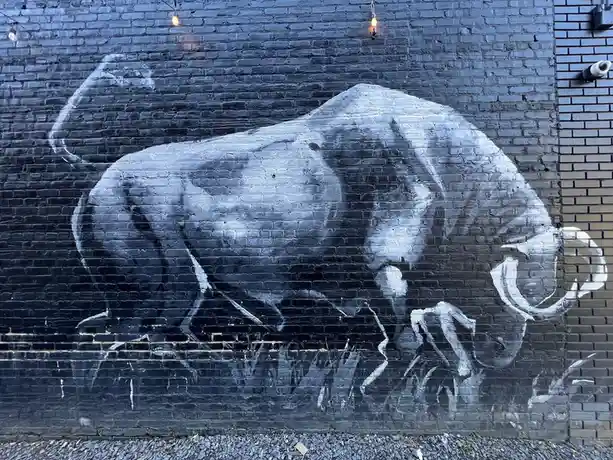 A black-and-white graffiti mural on a dark brick wall depicts a stylized bull with horns and muscular form, rendered in…