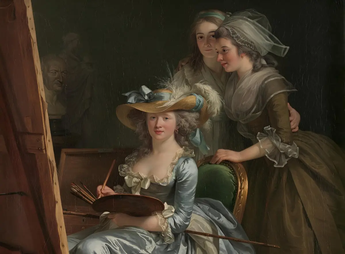 A classical painting depicts a woman in an 18th-century blue dress and ornate hat, holding a paintbrush and palette while…