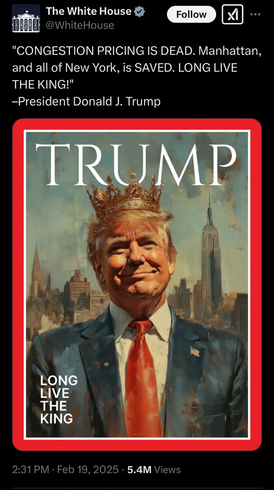 An AI-generated image styled like a magazine cover, featuring Donald Trump wearing a golden crown and a suit with a red tie…
