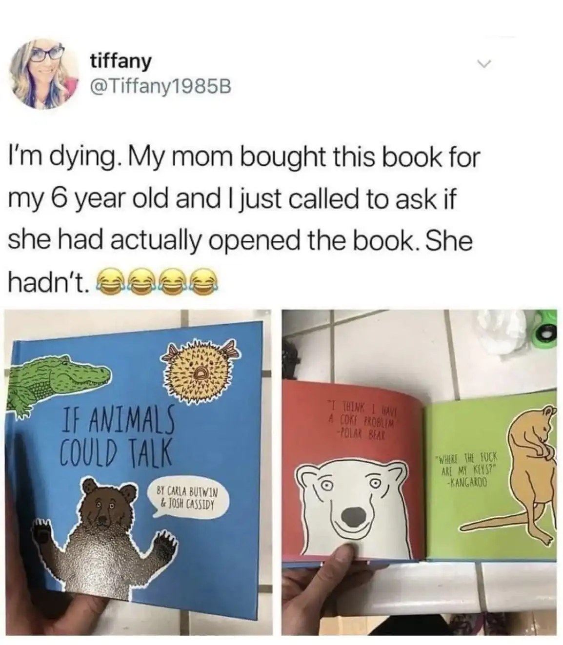 The image shows a split-screen. On the left, a hand holds a children's book titled 'IF ANIMALS COULD TALK' by Carla Butwin &…
