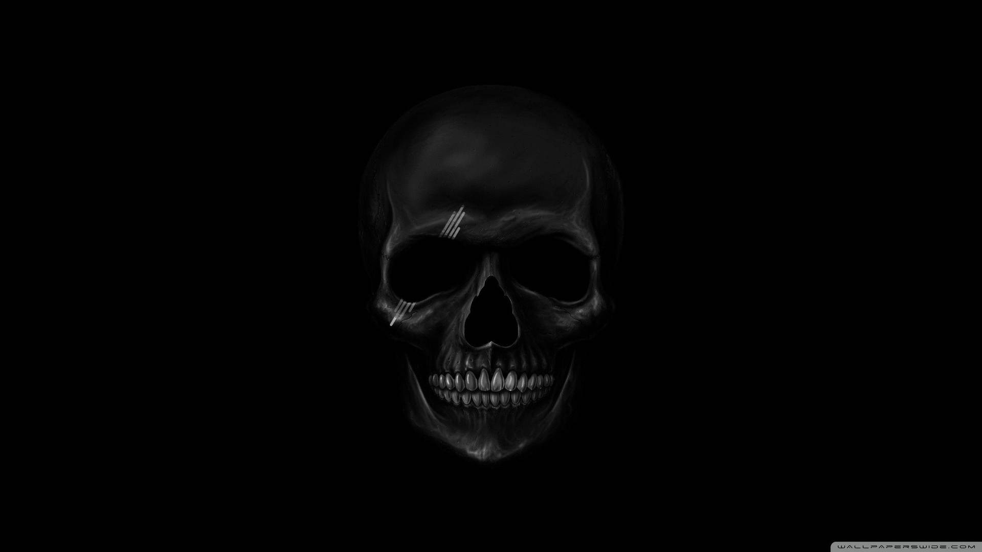 A dark, glossy human skull centered against a black background, with three white slash marks above its left eye socket and…