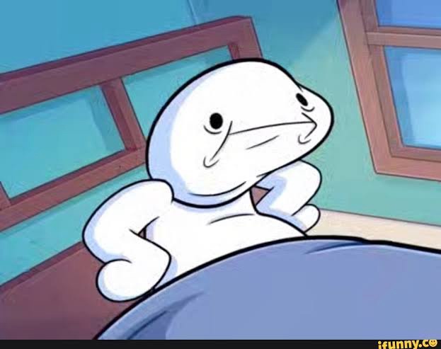 A white, blob-like cartoon character with a smug, self-satisfied expression sits up in bed, partially covered by a blue…