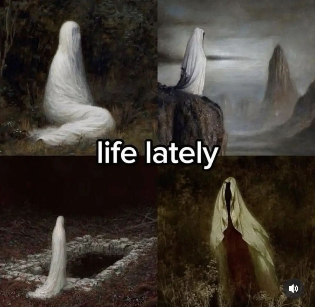 A four-panel image shows a ghostly figure in various somber, desolate settings: sitting in a forest, standing on a cliff…