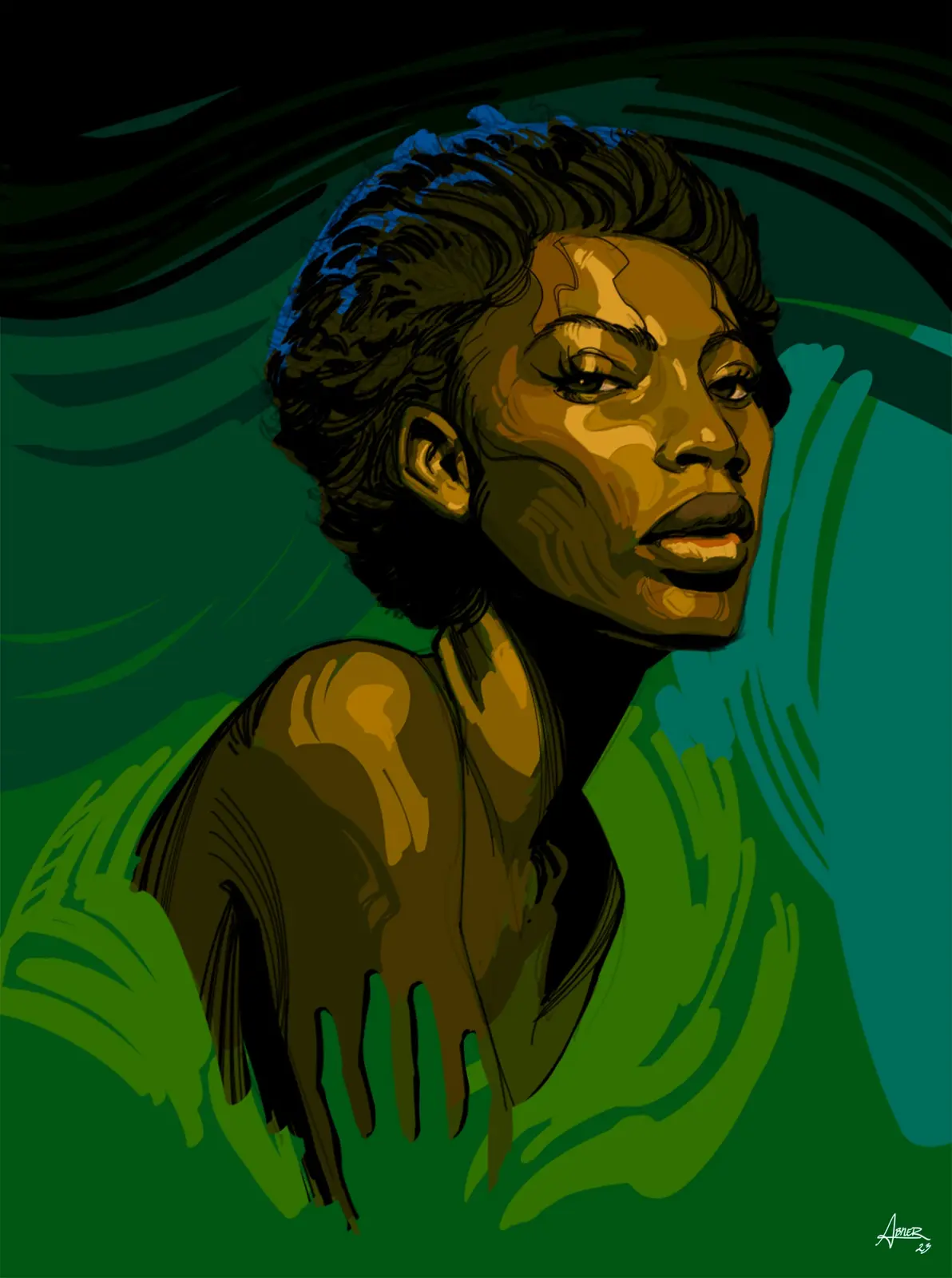 A stylized digital portrait of a Black woman with short, textured hair, looking off to the side with a serious expression…