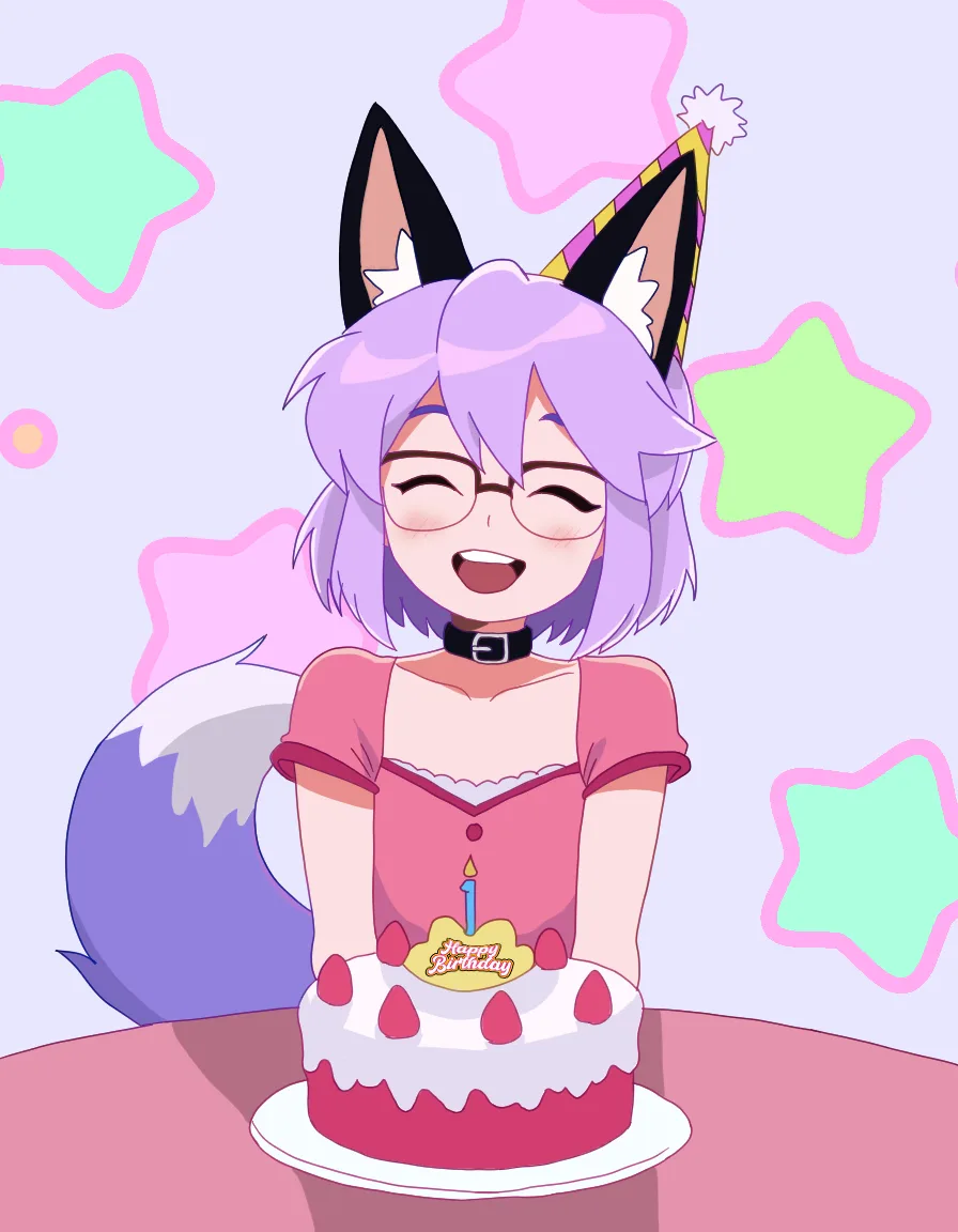 An anime-style girl with purple hair, fox ears, and a party hat smiles joyfully while holding a birthday cake with one…