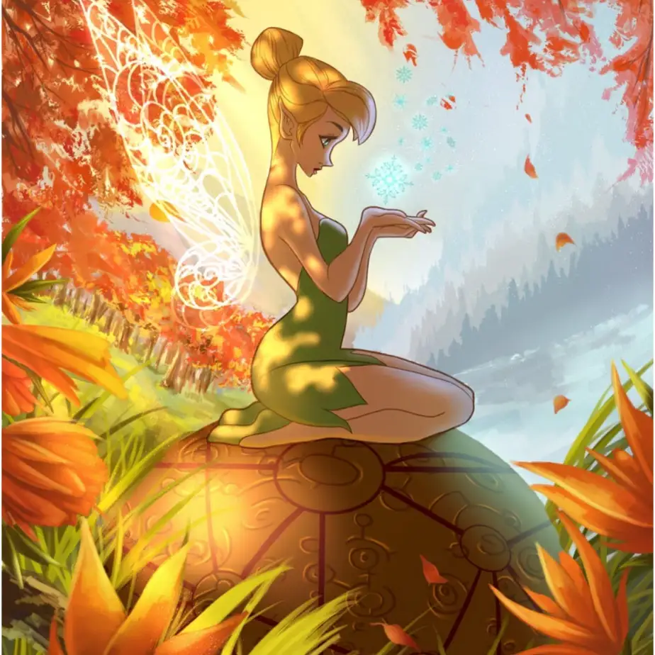 A Disney-style illustration of Tinker Bell, a fairy with glowing white wings and blonde hair in a bun, sitting on a large…
