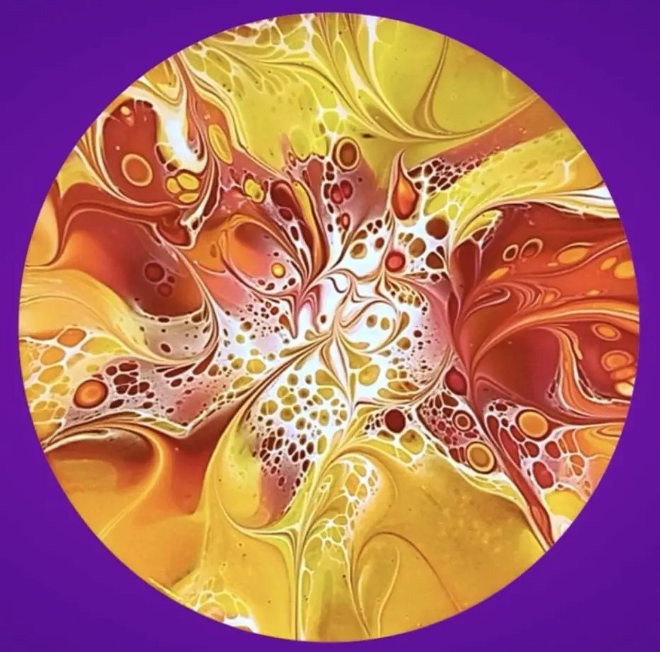a circular abstract painting with swirling patterns of yellow, orange, and red against a solid purple background, overlaid…
