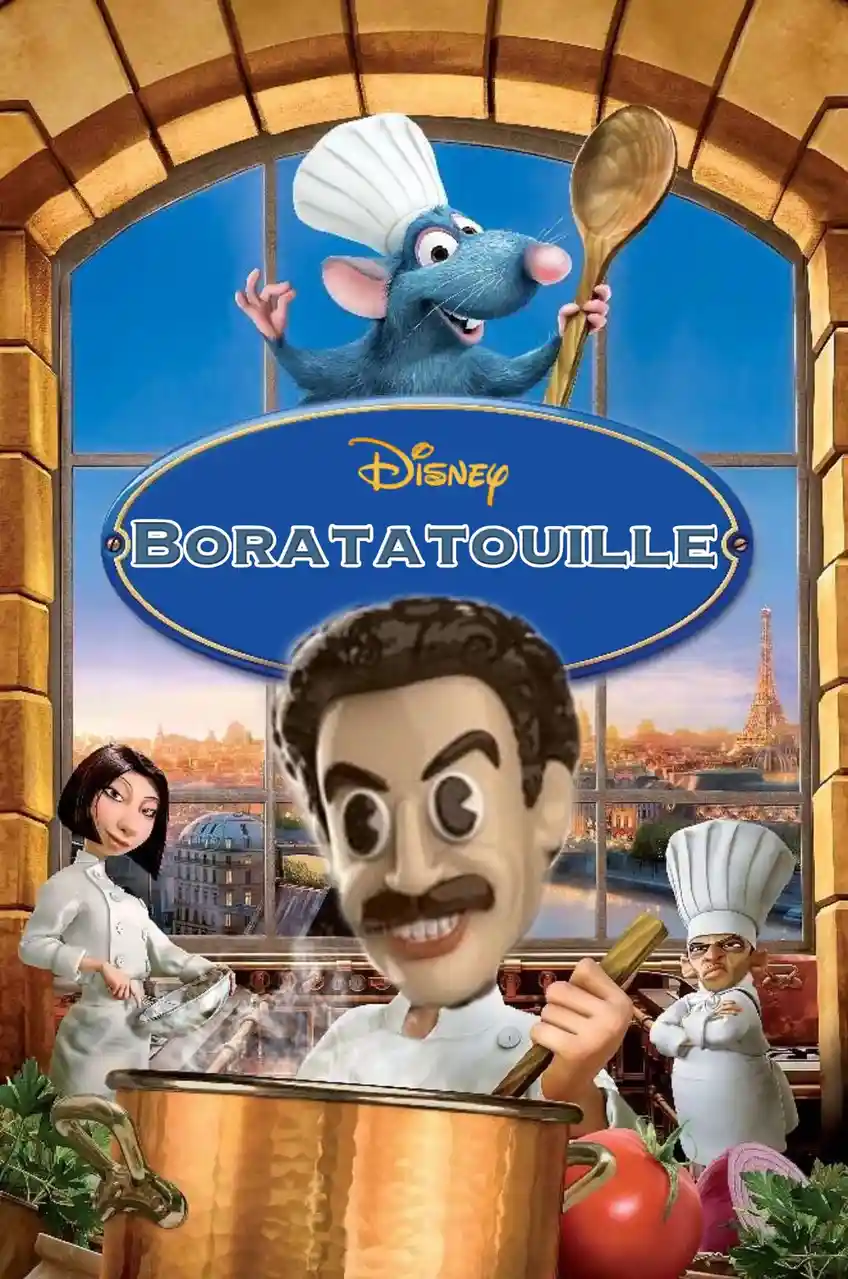 The image is a movie poster for 'Boratatouille,' a parody of Disney's 'Ratatouille,' featuring the blue rat chef from the…