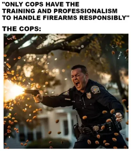 A police officer in uniform is depicted firing a handgun, with bright muzzle flash and numerous almonds flying through the…