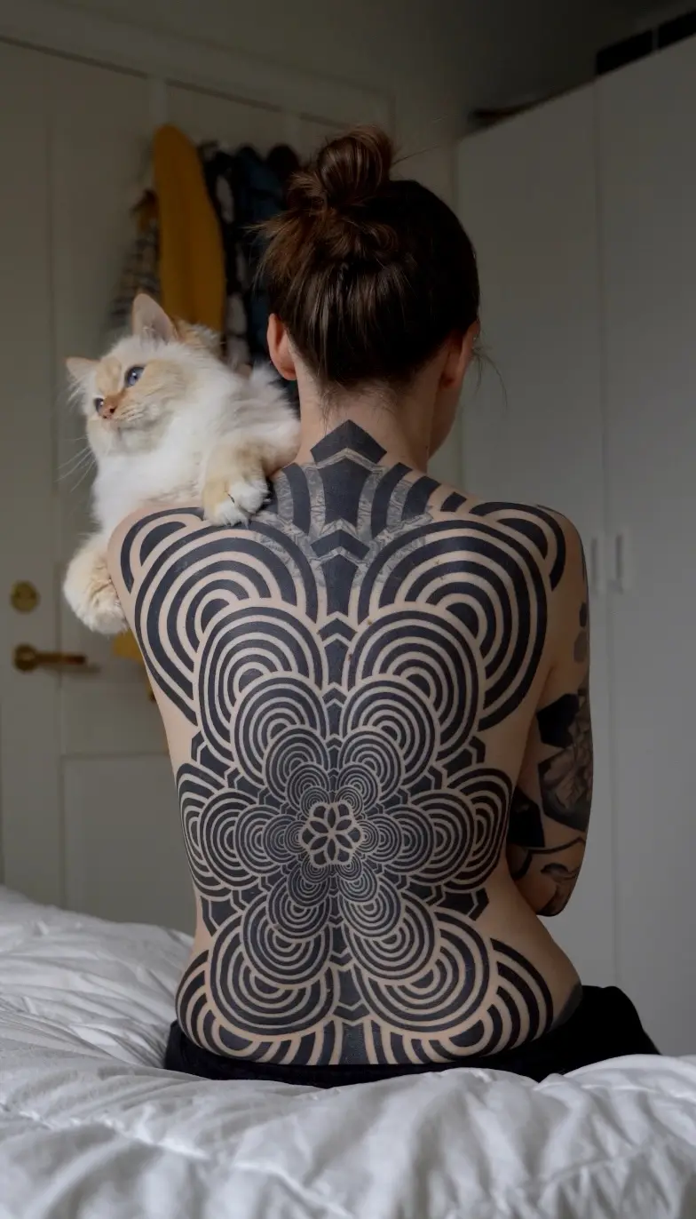 A person with a large, intricate black geometric tattoo covering their entire back is sitting on a bed with their back to…