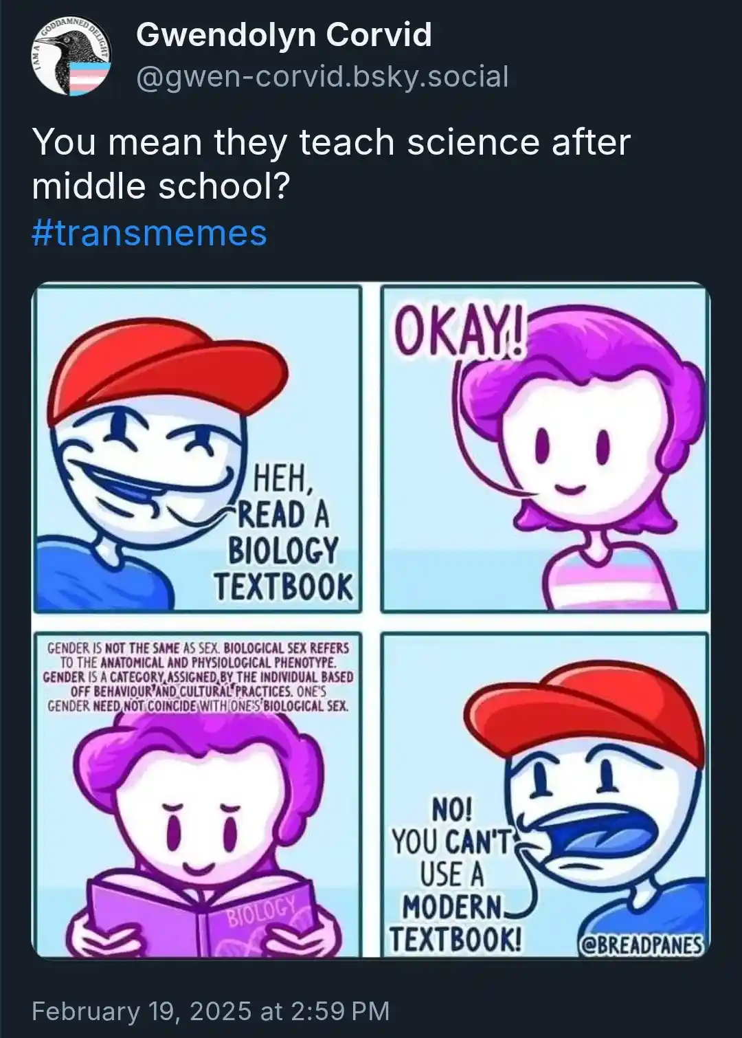 A four-panel comic shows a smug man in a red cap telling a girl to read a biology textbook. She agrees, reads a modern…