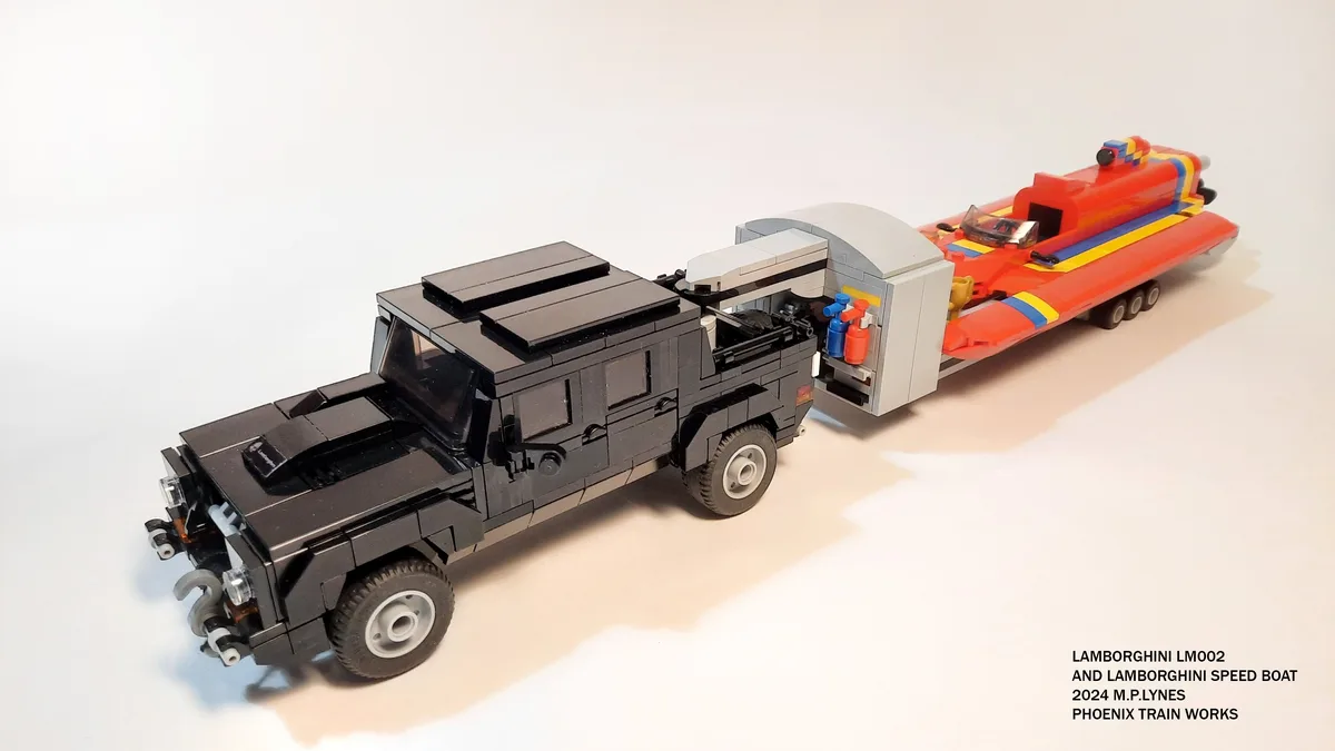 A black Lego model of a Lamborghini LM002 truck is towing a red, yellow, and blue Lego speedboat on a gray trailer. The…