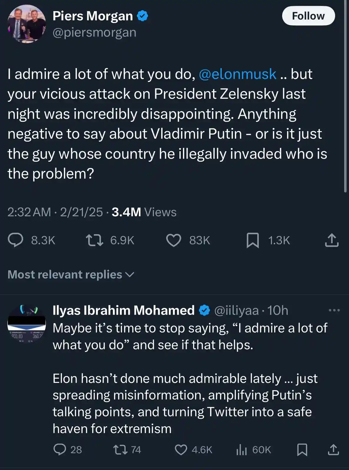 A screenshot of a tweet by Piers Morgan criticizing Elon Musk for attacking President Zelensky, questioning if Musk's…