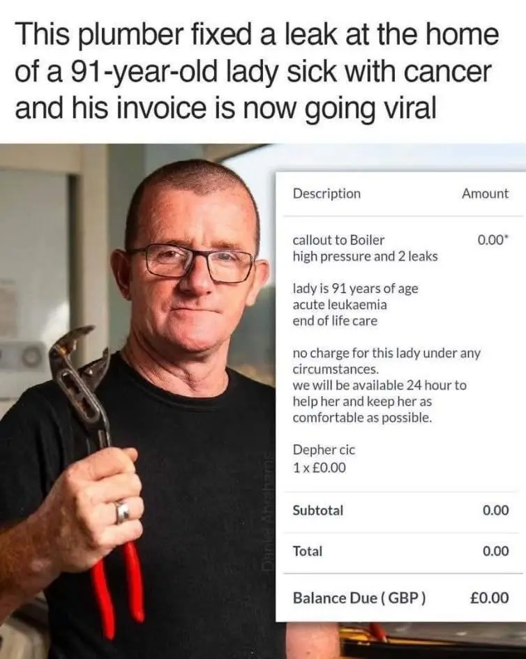 A man with glasses and a black t-shirt holds a pair of red-handled pliers. Overlaid on the image is a mock invoice that…
