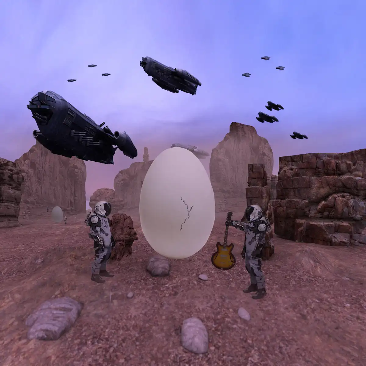 Two astronauts in a desert-like alien landscape stand before a giant cracked egg, one holding a guitar. Several spaceships…
