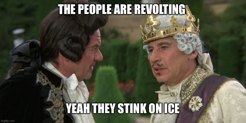 Two men in historical royal costumes face each other; one wears a crown and the other has a powdered wig. The text reads…