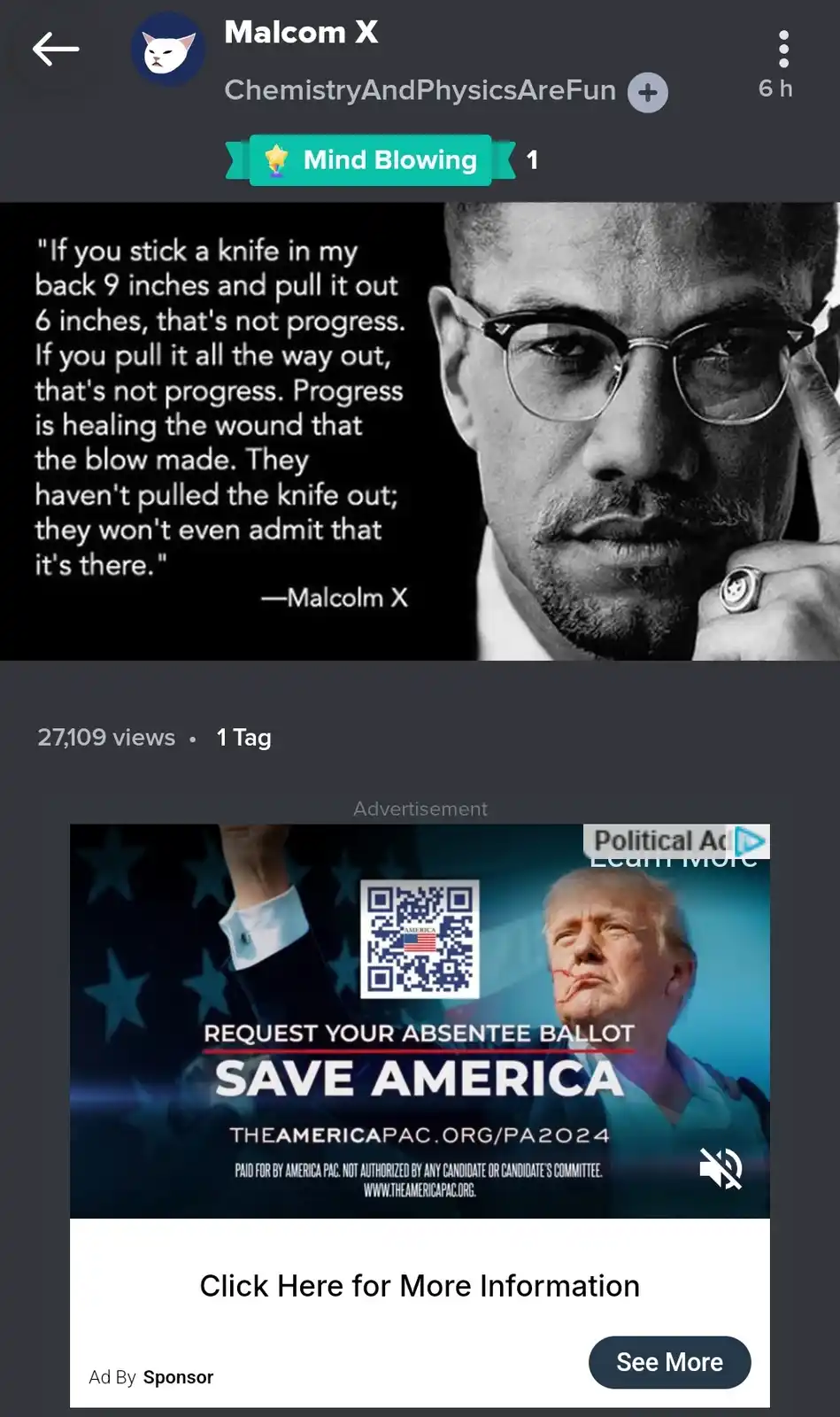 A black-and-white image of Malcolm X with a quote overlaid that reads: 'If you stick a knife in my back 9 inches and pull it…