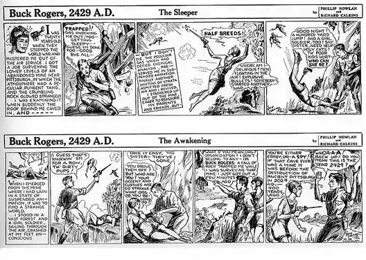 This is a two-part comic strip from 'Buck Rogers, 2429 A.D.' showing Buck Rogers waking up after a 500-year sleep. The top…