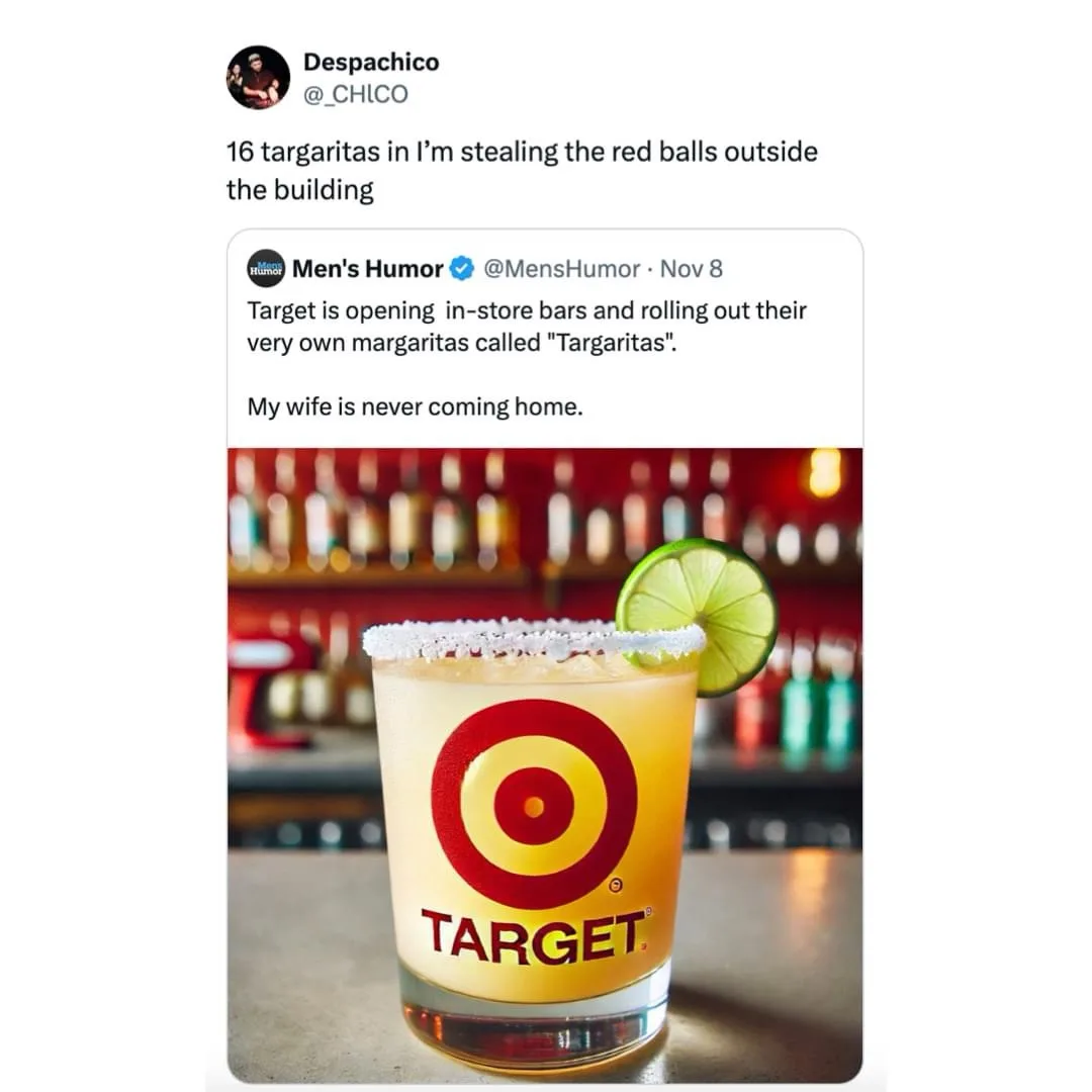 A margarita in a glass with the Target logo and a lime wedge, overlaid with text from a tweet about Target's 'Targaritas'…