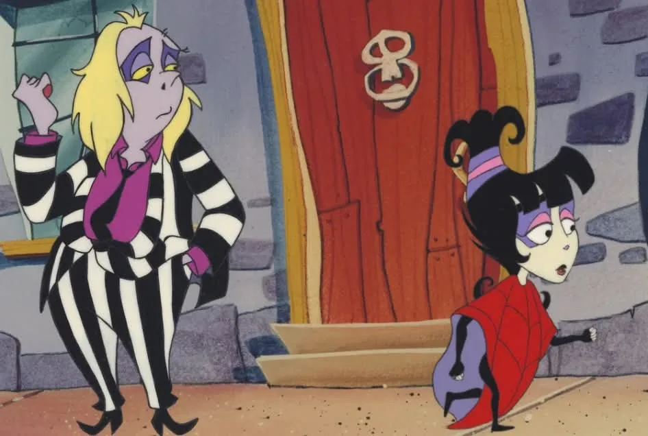 A still from the animated movie Beetlejuice shows the titular character, Beetlejuice, in his black-and-white striped suit…