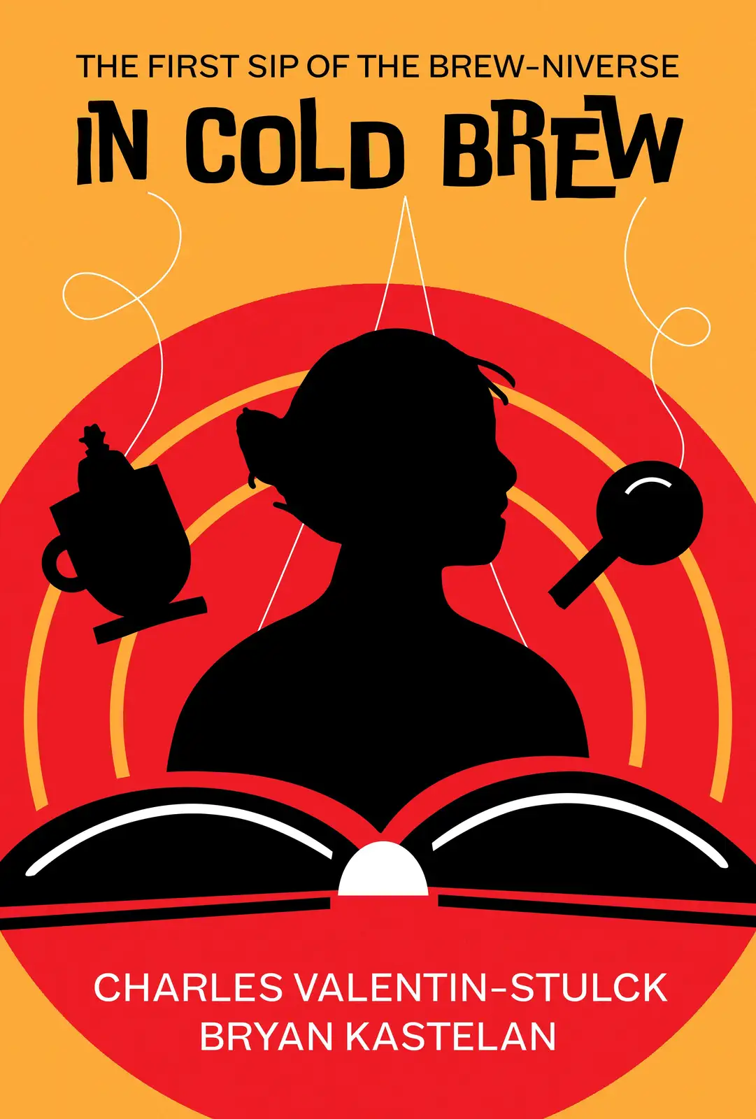 A stylized book cover features a black silhouette of a person reading an open book, with a teapot and coffee pot floating…