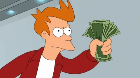 The image shows six panels of the animated character Fry from Futurama holding a fan of cash. In the top row, he looks…
