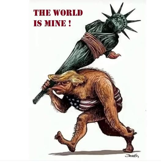 A cartoon depicts a large, ape-like figure with a blonde wig and an American flag loincloth, carrying the Statue of Liberty…