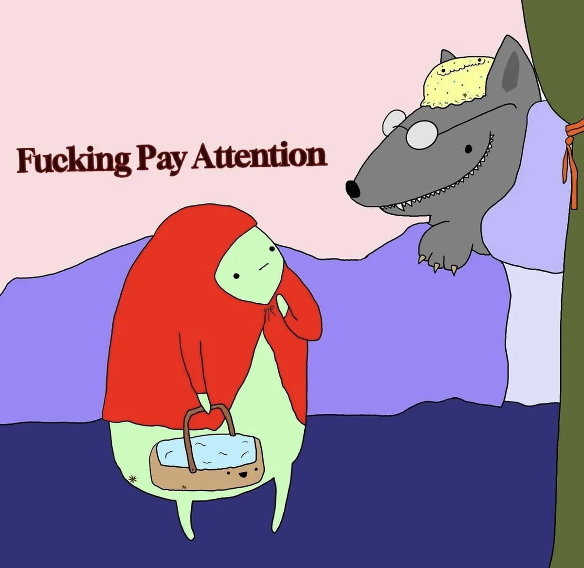 A cartoon wolf wearing glasses and a yellow hat leans over a bed, glaring at a small green figure in a red hood holding a…