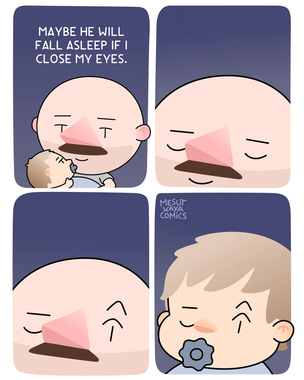 A four-panel comic shows a bald man trying to soothe a baby by closing his eyes, hoping the baby will fall asleep. The…