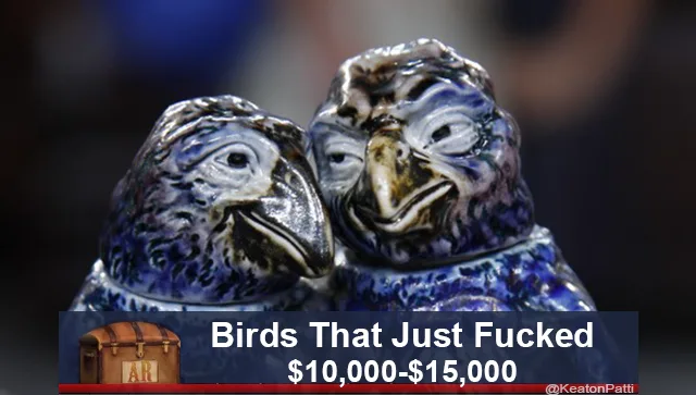 Two ceramic bird figurines, resembling a pair of lovebirds or doves, are shown in a close, affectionate pose. Overlaid text…