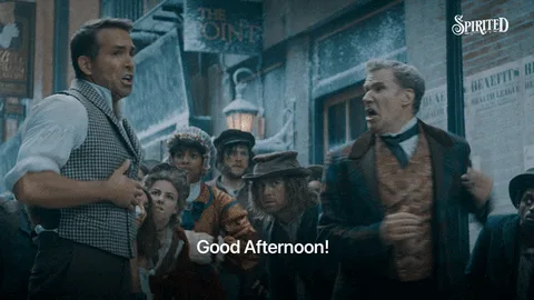 A meme featuring a sequence of four identical frames from the movie 'Spirited' showing Ryan Gosling pointing and shouting…