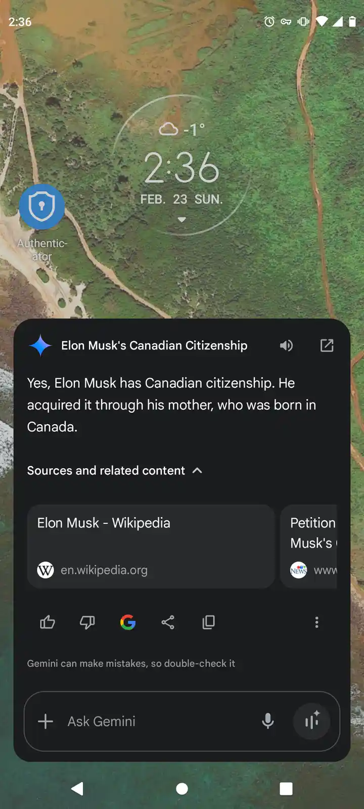 A smartphone screen shows a Google Gemini AI chat response to a query about Elon Musk's citizenship, stating he has it via…