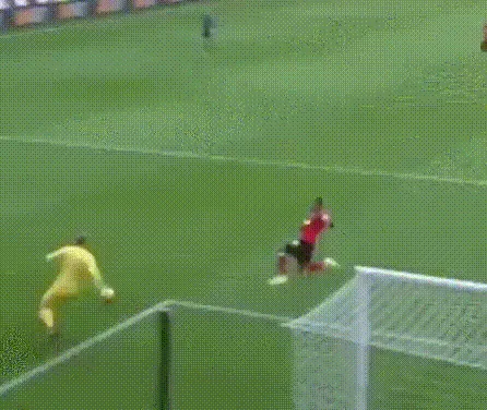 A six-panel soccer highlight sequence shows a goalkeeper in yellow diving to save a ball, then standing up and walking away…