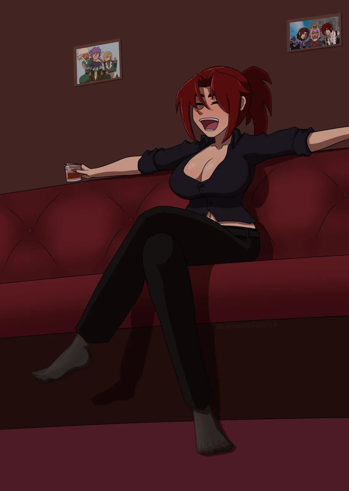 An anime-style woman with red hair sits relaxed on a red couch, holding a glass of amber liquid, laughing with her eyes…