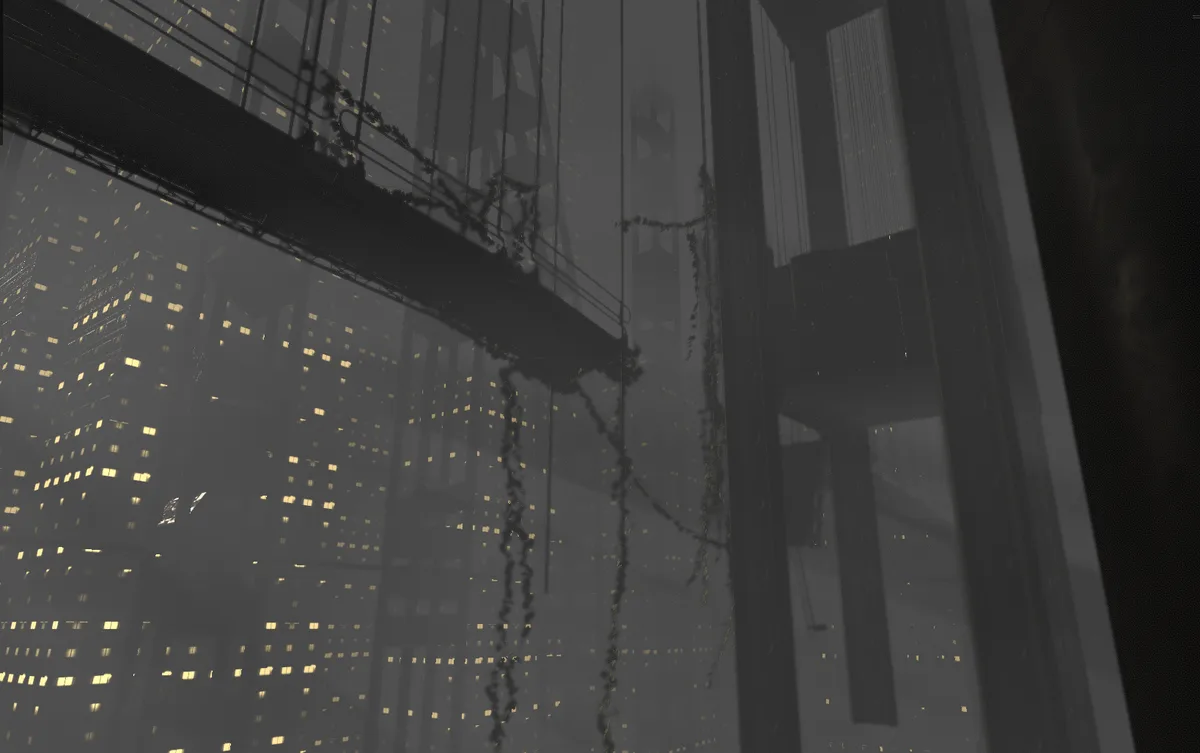 A dark, atmospheric image of a misty cityscape with towering skyscrapers and glowing windows, featuring a large…