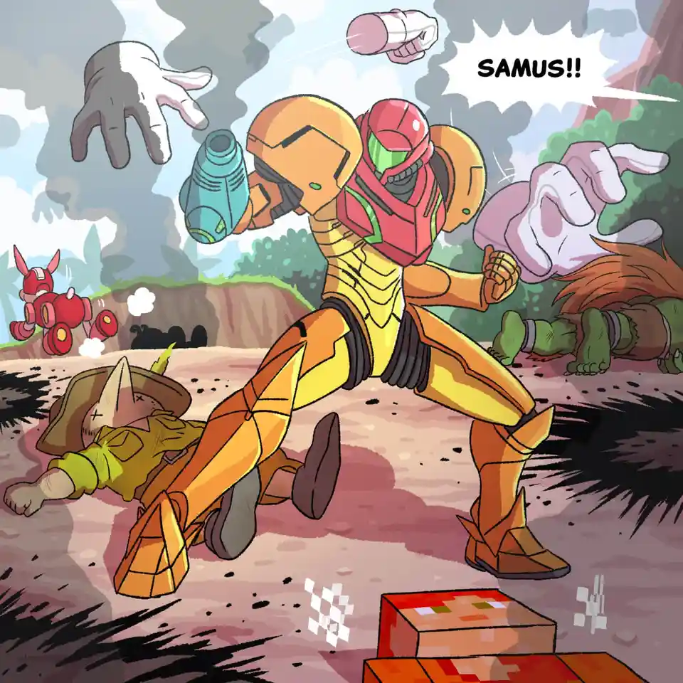 A cartoon-style image shows Samus Aran in her Power Suit, mid-action, with a speech bubble exclaiming 'SAMUS!!'. Around her…
