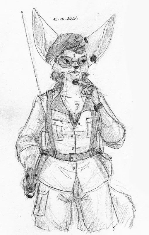 A pencil sketch of an anthropomorphic fox wearing a military-style uniform, beret, and glasses, holding a pistol in one hand…