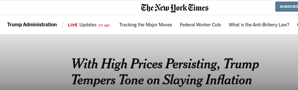 A screenshot of a New York Times webpage header showing 'Trump Administration' and a headline that reads 'With High Prices…