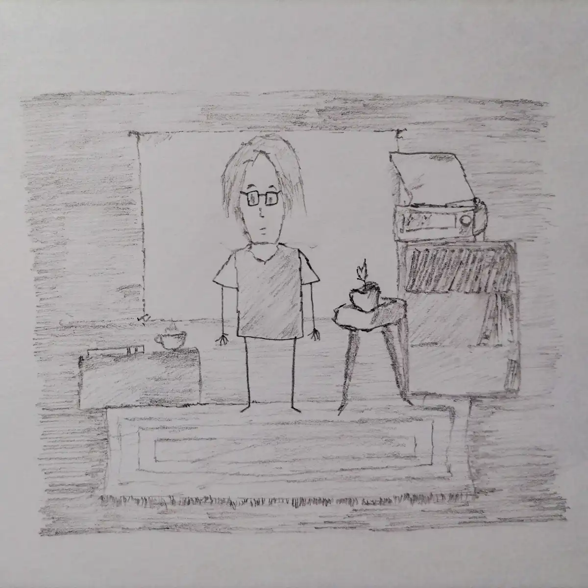 A simple pencil sketch depicts a person with glasses standing in a room with a coffee table, a small plant on a side table…