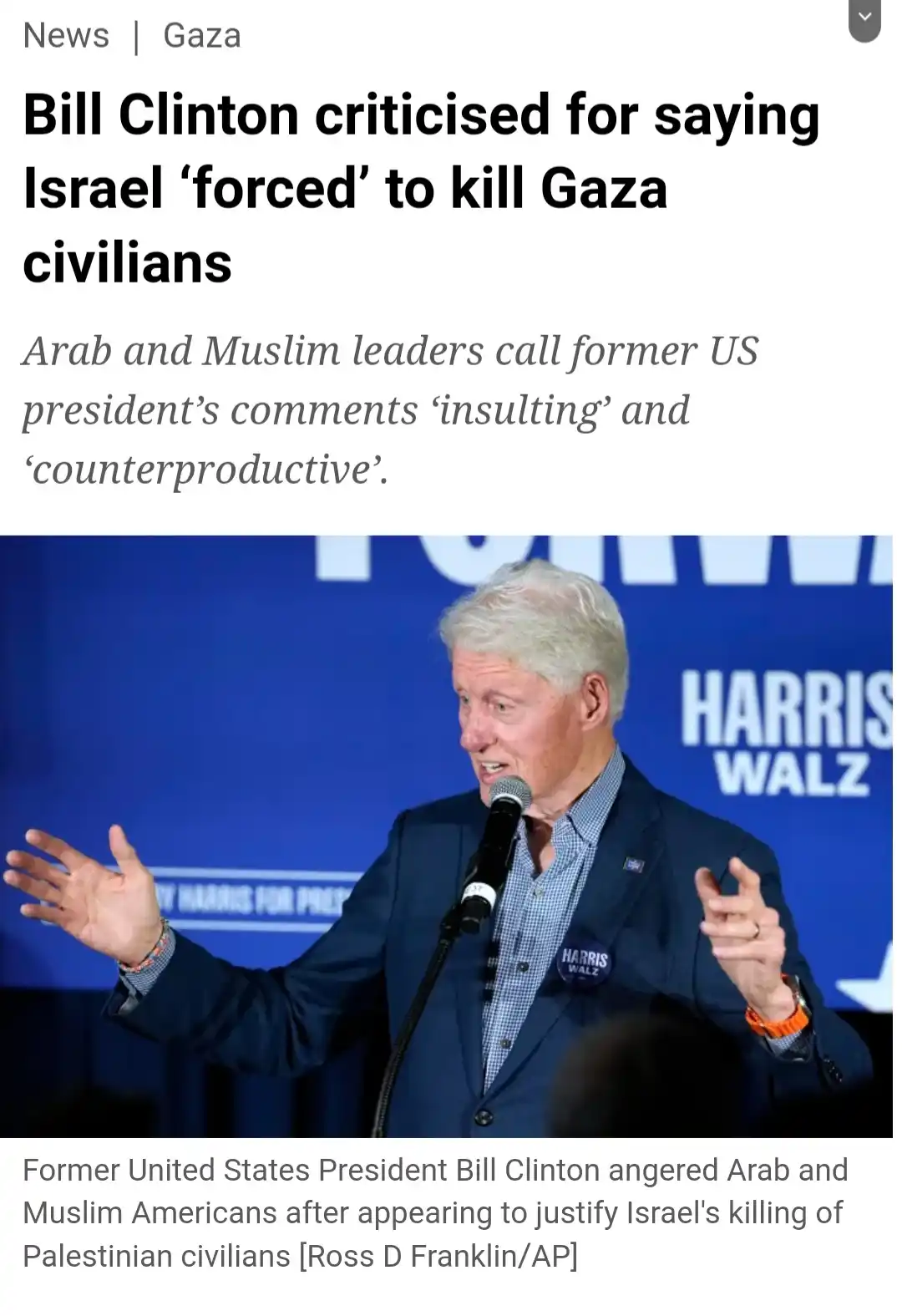 A screenshot of a news article shows former US President Bill Clinton speaking at a campaign event with 'HARRIS WALZ'…