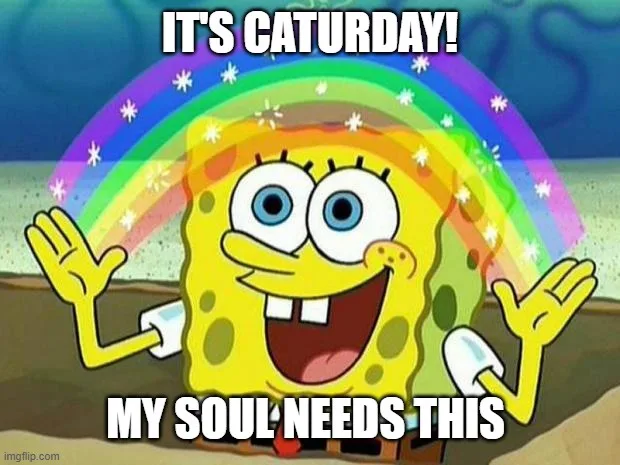 SpongeBob SquarePants is shown with a wide, joyful smile and arms raised in celebration, standing in front of a vibrant…