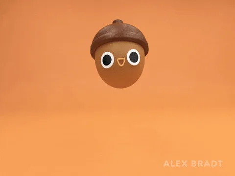 The image displays six panels arranged in two rows, each showing a 3D-rendered cartoon acorn character with large eyes and a…