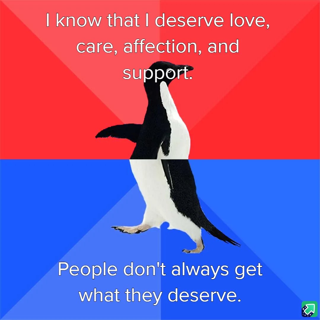 A penguin stands centered against a red and blue background, split horizontally. The top half has white text stating 'I know…